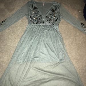 Pale blue, 70’s style embroidered dress.